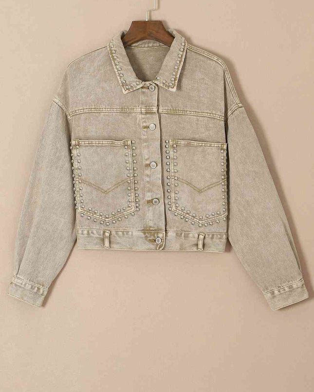 Studded Collared Neck Denim Jacket with Pockets