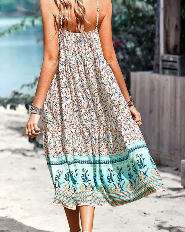 Floral Print Bohemian Style Round Neck Sleeveless Dress
