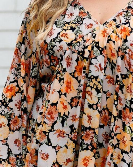Plus Size Floral V-Neck Balloon Sleeve Blouse