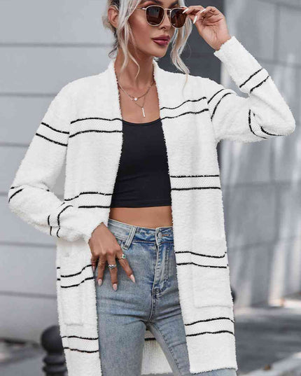 Striped Open Front Cardigan with Pockets