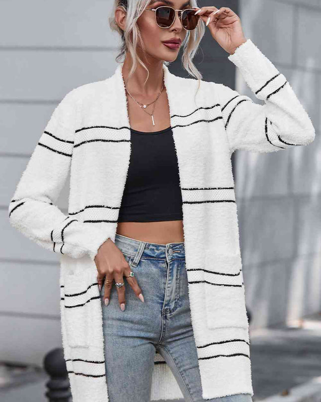 Striped Open Front Cardigan with Pockets