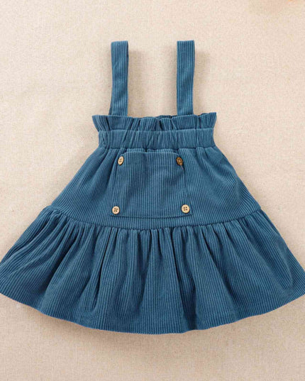 Puff Sleeve Round Neck Top and Buttoned Overall Dress Set