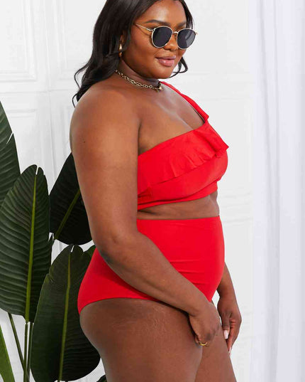 Marina West Swim Seaside Romance Ruffle One-Shoulder Bikini in Red