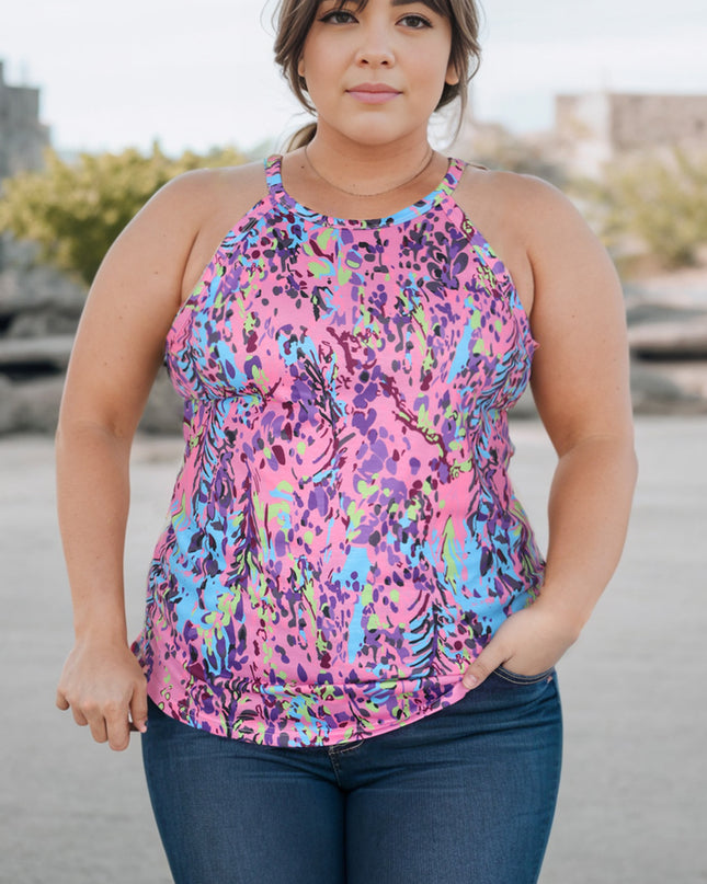 Plus Size Printed Round Neck Sleeveless Tank Top