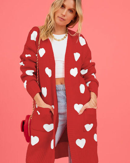 Heart Graphic Open Front Cardigan with Pockets