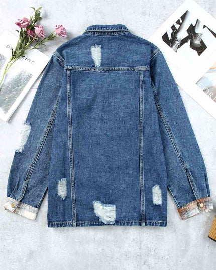 Plaid Distressed Raw Hem Snap Down Denim Jacket