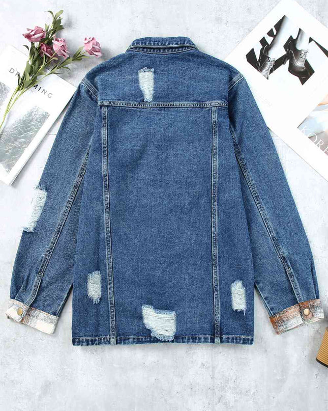 Plaid Distressed Raw Hem Snap Down Denim Jacket