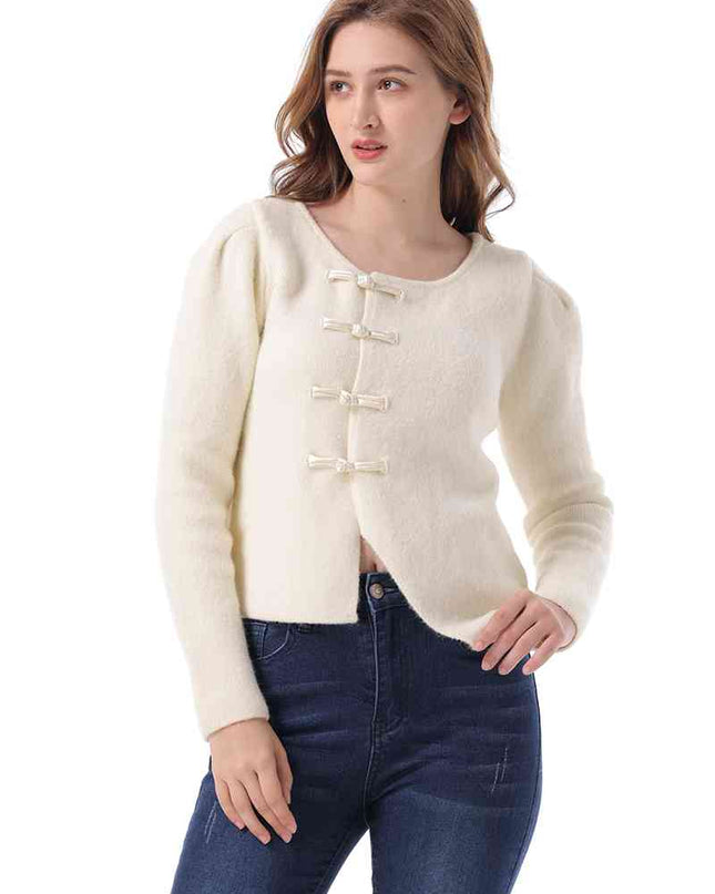 Round Neck Long Sleeve Frog Button Cardigan
