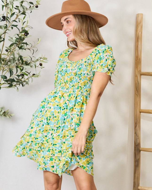 Double Take Smocked Scoop Neck Flounce Sleeve Mini Dress