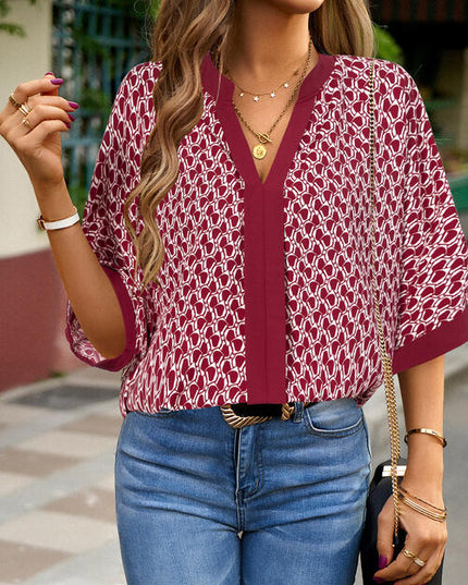 Geometric Print Notched Blouse