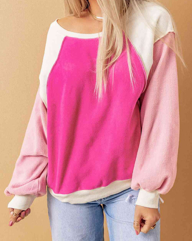 Round Neck Dropped Shoulder Color Block Sweatshirt