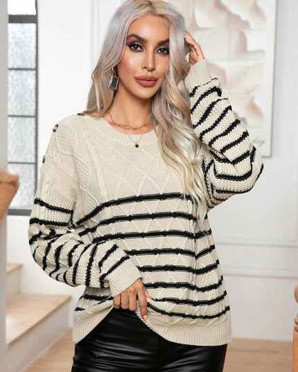 Striped Round Neck Cable-Knit Sweater
