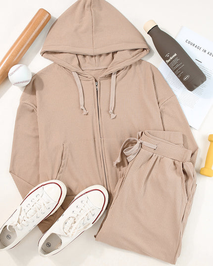 Drawstring Zip Up Hoodie and Pants Active Set