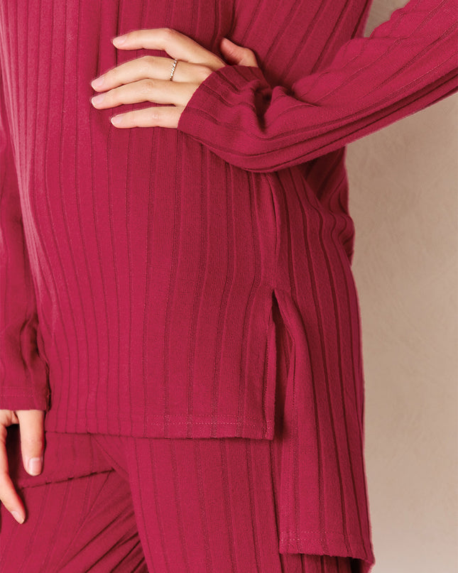 Basic Bae Full Size Ribbed Round Neck High-Low Slit Top and Pants Set