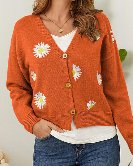 Flower Button Front Dropped Shoulder Cardigan