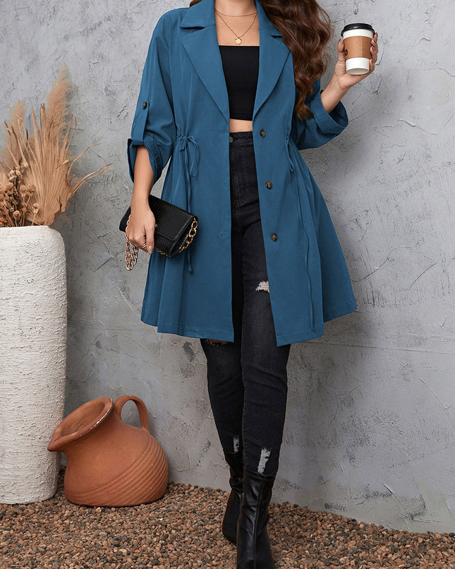 Plus Size Lapel Collar Drawstring Roll-Tab Sleeve Trench Coat