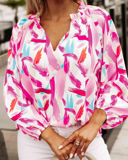 Printed V-Neck Balloon Sleeve Blouse