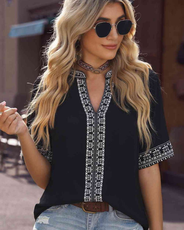 Embroidered V-Neck Top