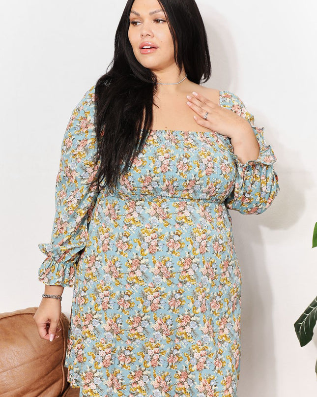 Double Take Floral Smocked Flounce Sleeve Square Neck Dress