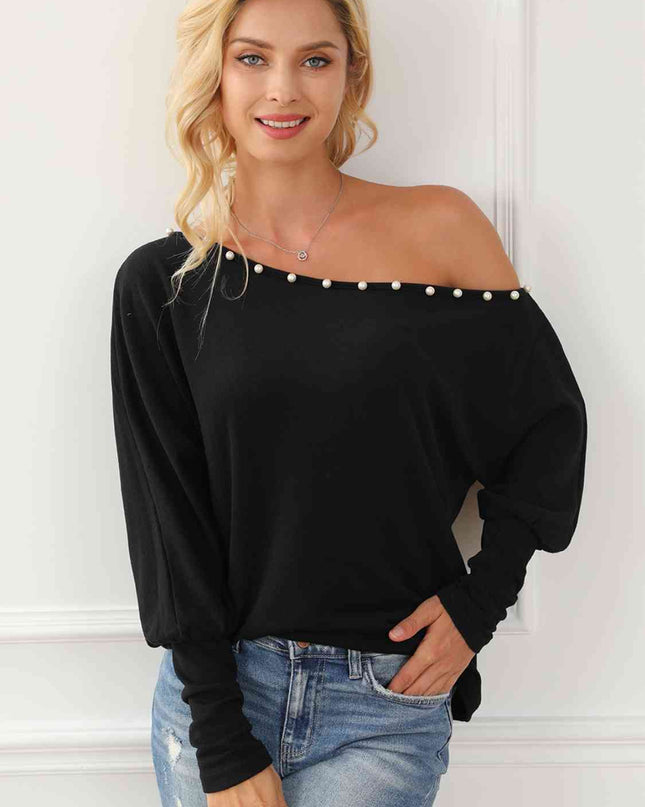 Pearl Trim Lantern Sleeve Top