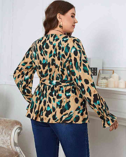 Plus Size Printed Tie Waist Flounce Sleeve Blouse