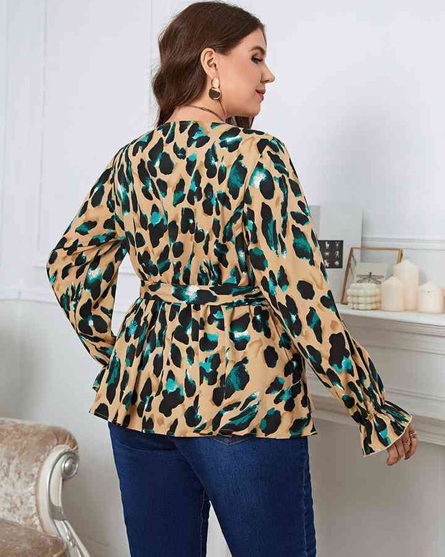 Plus Size Printed Tie Waist Flounce Sleeve Blouse