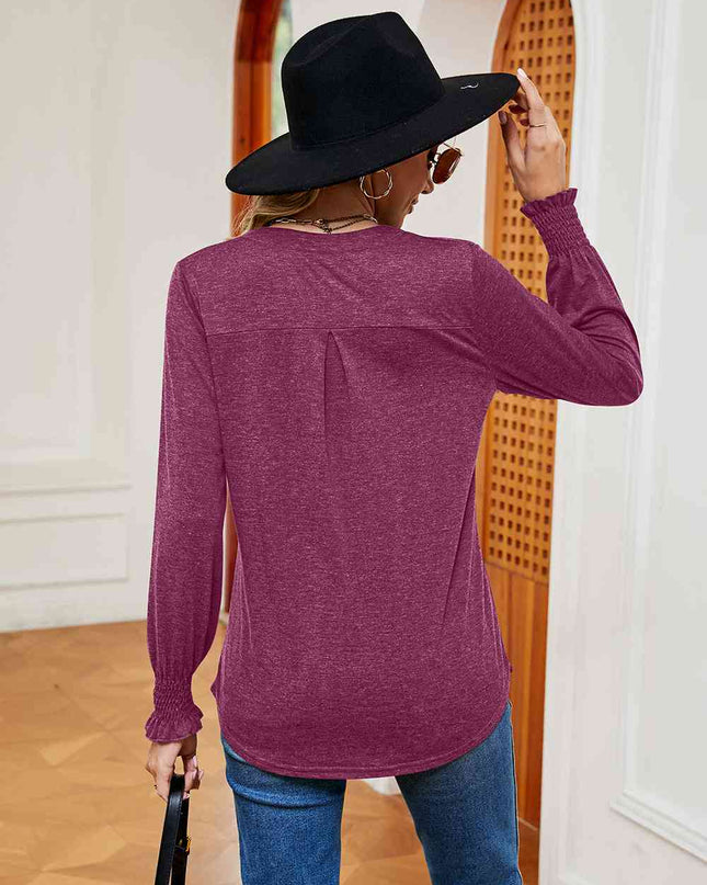 Notched Neck Long Sleeve Blouse