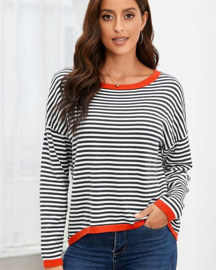 Striped Round Neck Drop Shoulder T-Shirt