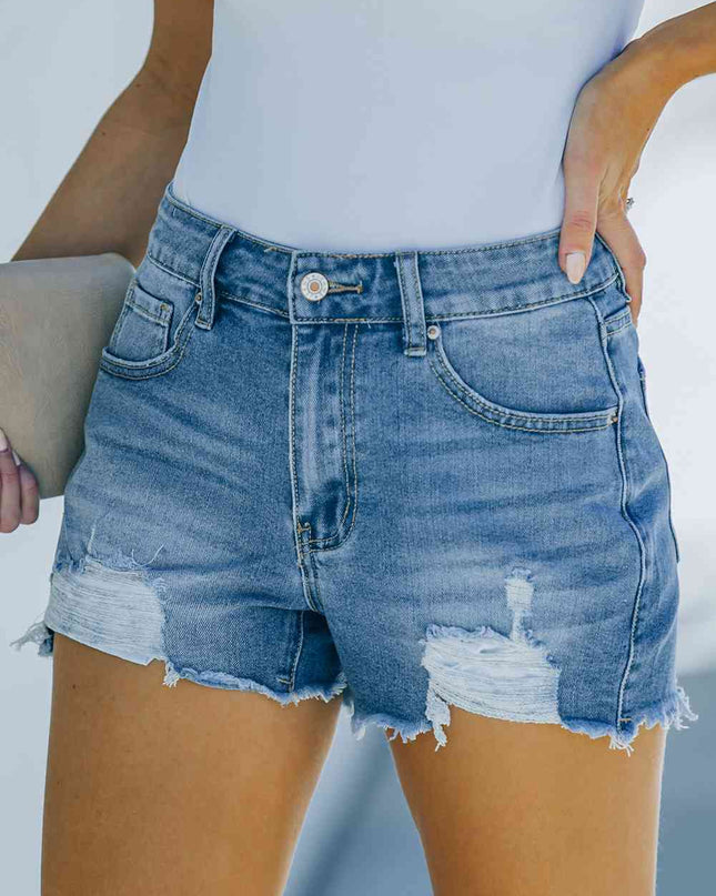 Frayed Hem Distressed Denim Shorts with Pockets