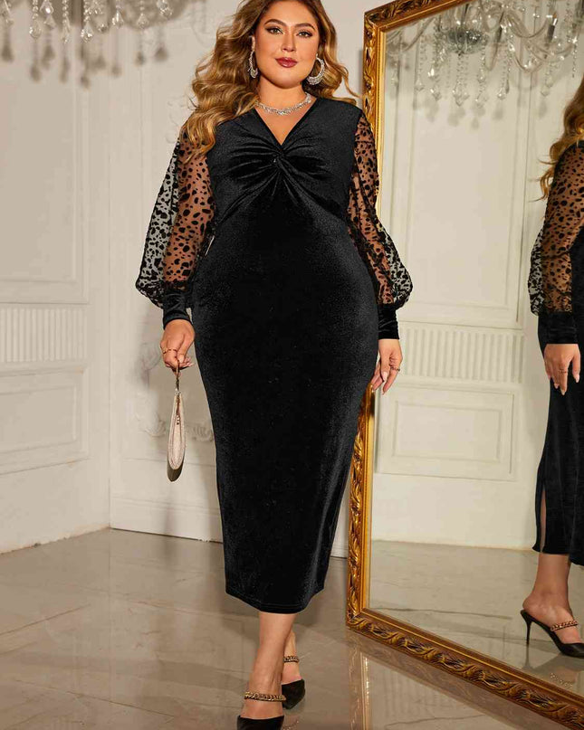 Plus Size Twist Front Lantern Sleeve Slit Dress