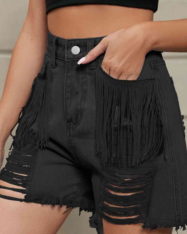 Fringe Trim Distressed Denim Shorts with Pockets