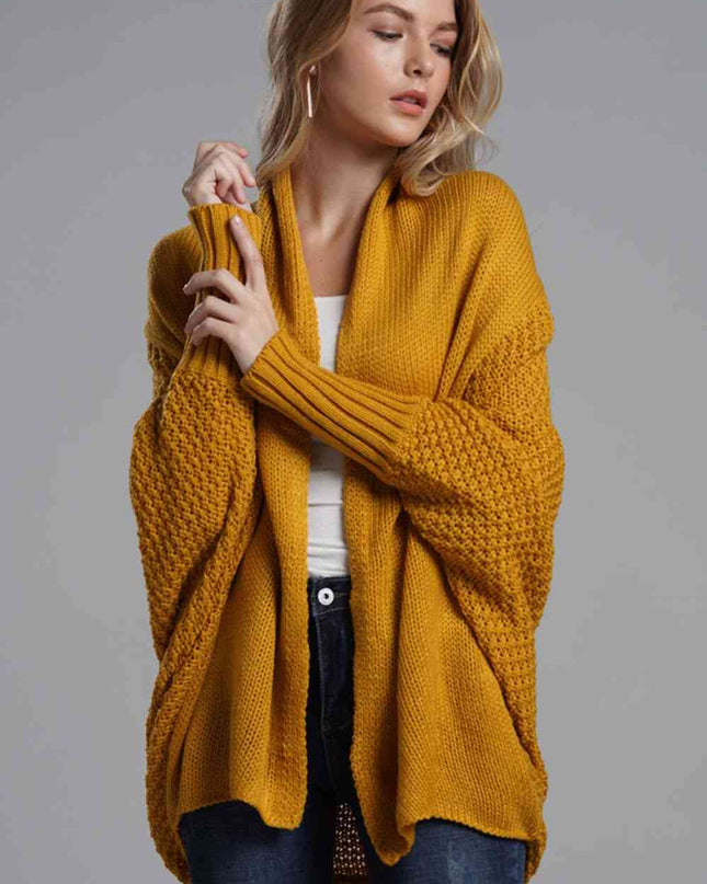 Double Take Dolman Sleeve Open Front Ribbed Trim Longline Cardigan