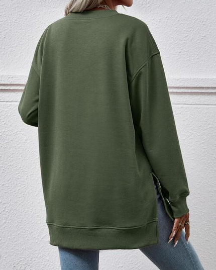 V-Neck Slit Long Sleeve Sweatshirt