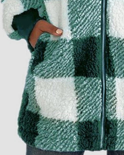 Plaid Zip Up Hooded Jacket with Pockets