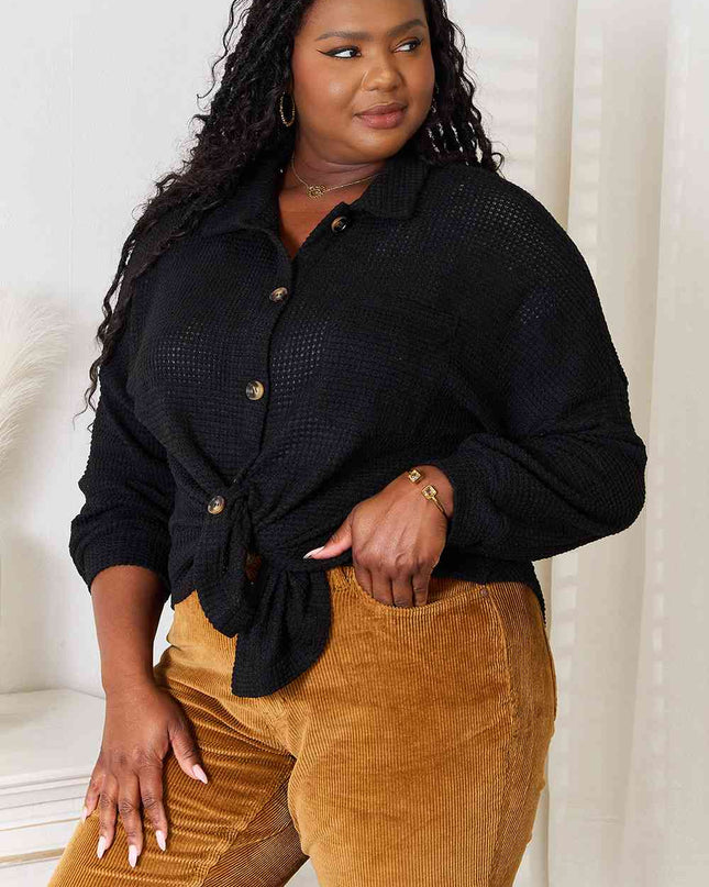 Double Take Waffle-Knit Collared Neck Dropped Shoulder Shirt