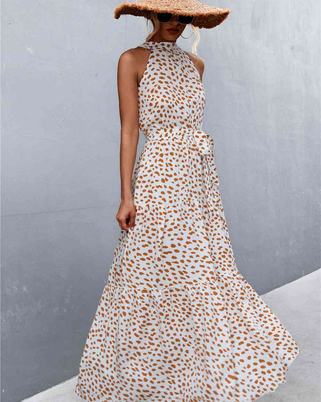 Printed Sleeveless Tie Waist Maxi Dress