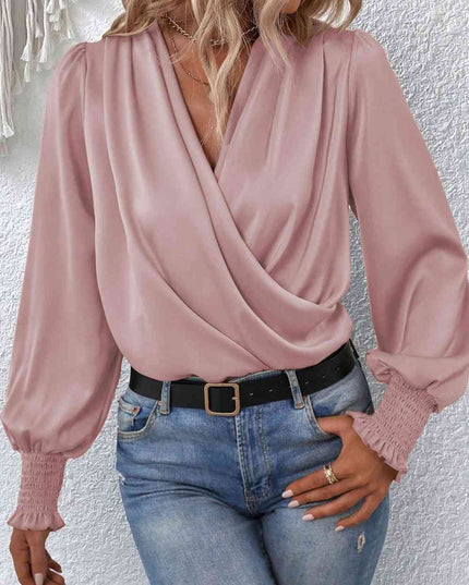 Surplice Neck Lantern Sleeve Blouse