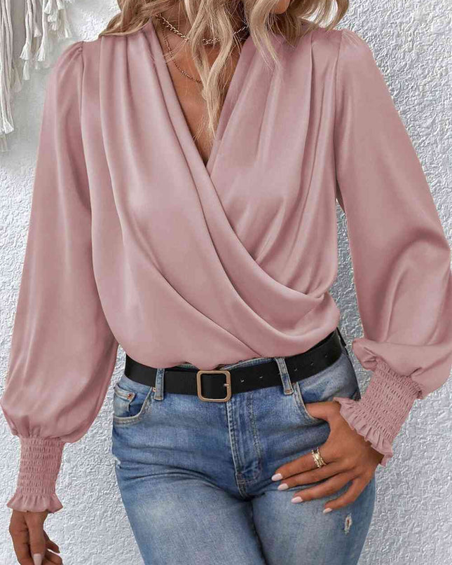 Surplice Neck Lantern Sleeve Blouse