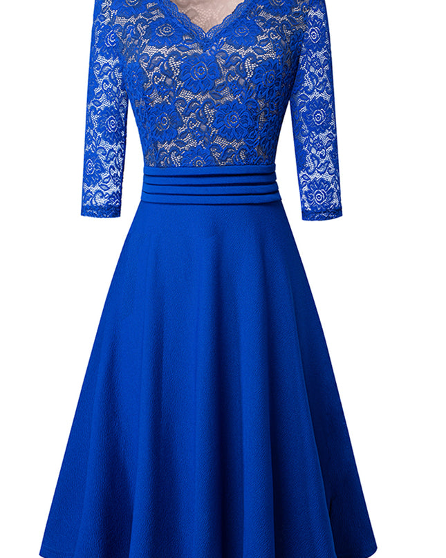 V-Neck Lace Detail Knee-Length Dress