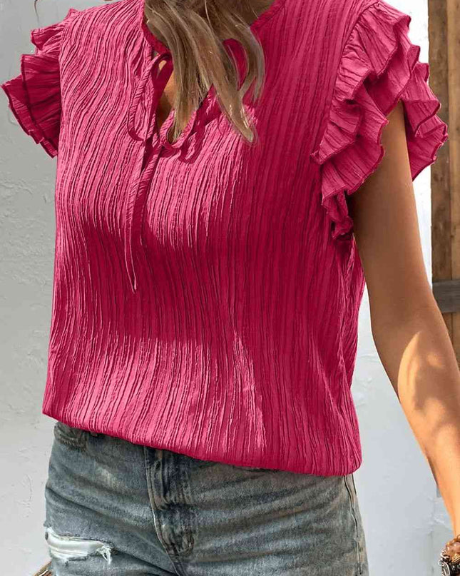 Textured Tie Neck Butterfly Sleeve Blouse
