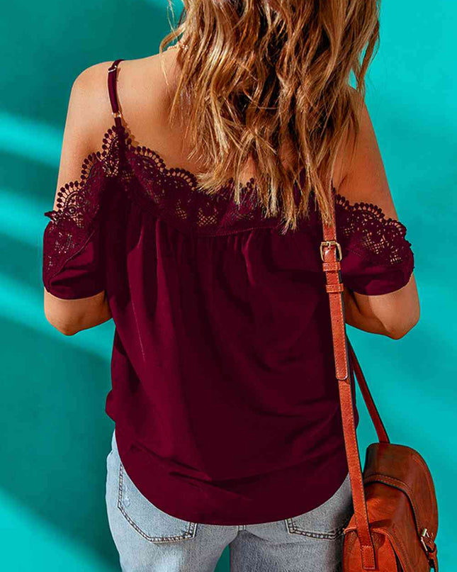 Spaghetti Strap Cold-Shoulder Lace Trim Blouse