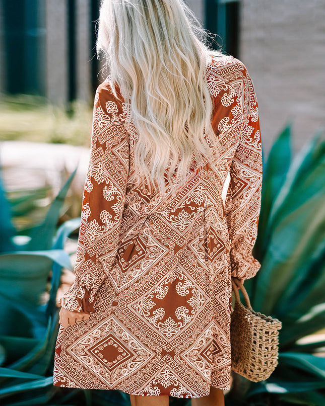Printed Flounce Sleeve Shirt Dress