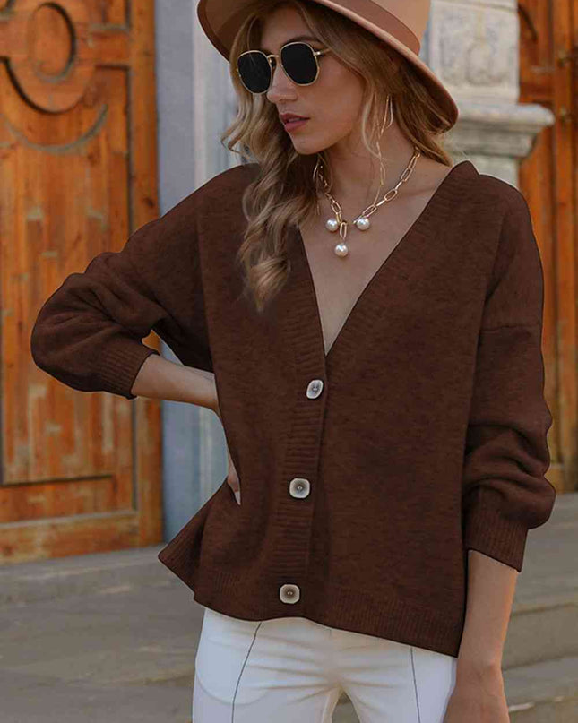 V-Neck Button-Down Dropped Shoulder Cardigan