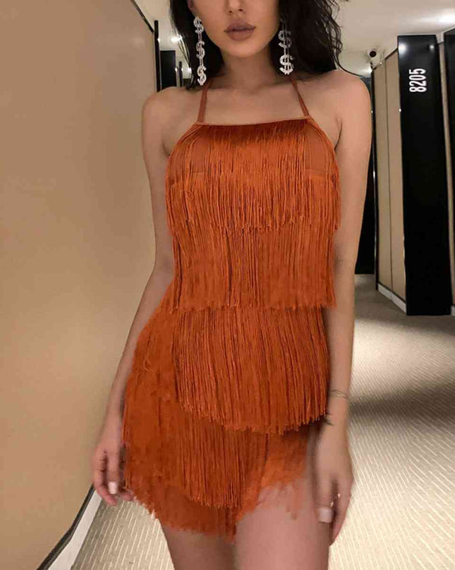 Fringed Halter Neck Tied Back Mini Dress