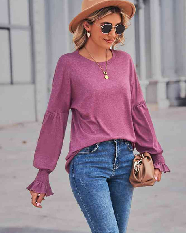 Round Neck Flounce Sleeve Blouse