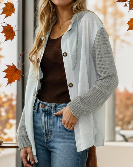 Contrast Button Up Drawstring Hooded Shirt