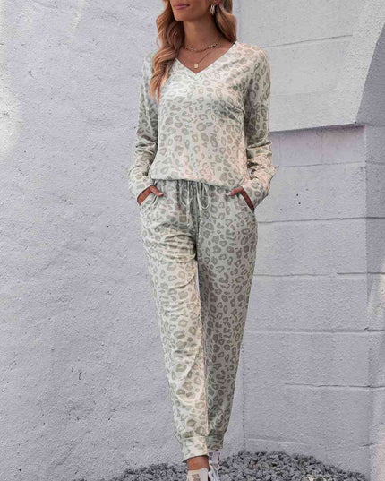 Leopard V-Neck Top and Drawstring Joggers Lounge Set