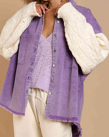 Cable-Knit Raw Hem Denim Jacket