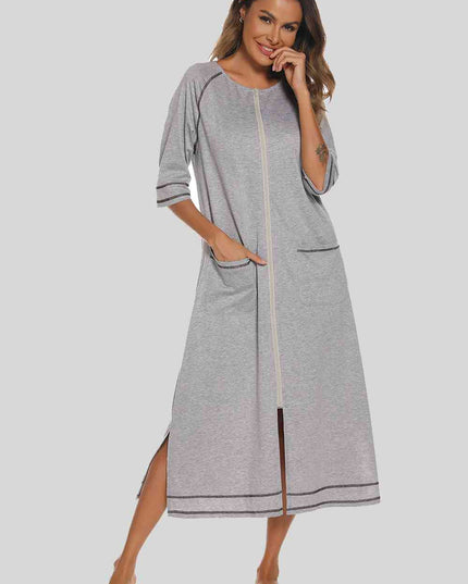 Zip Up Slit Round Neck Night Dress with Pockets