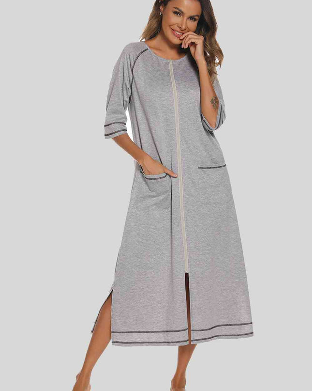 Zip Up Slit Round Neck Night Dress with Pockets